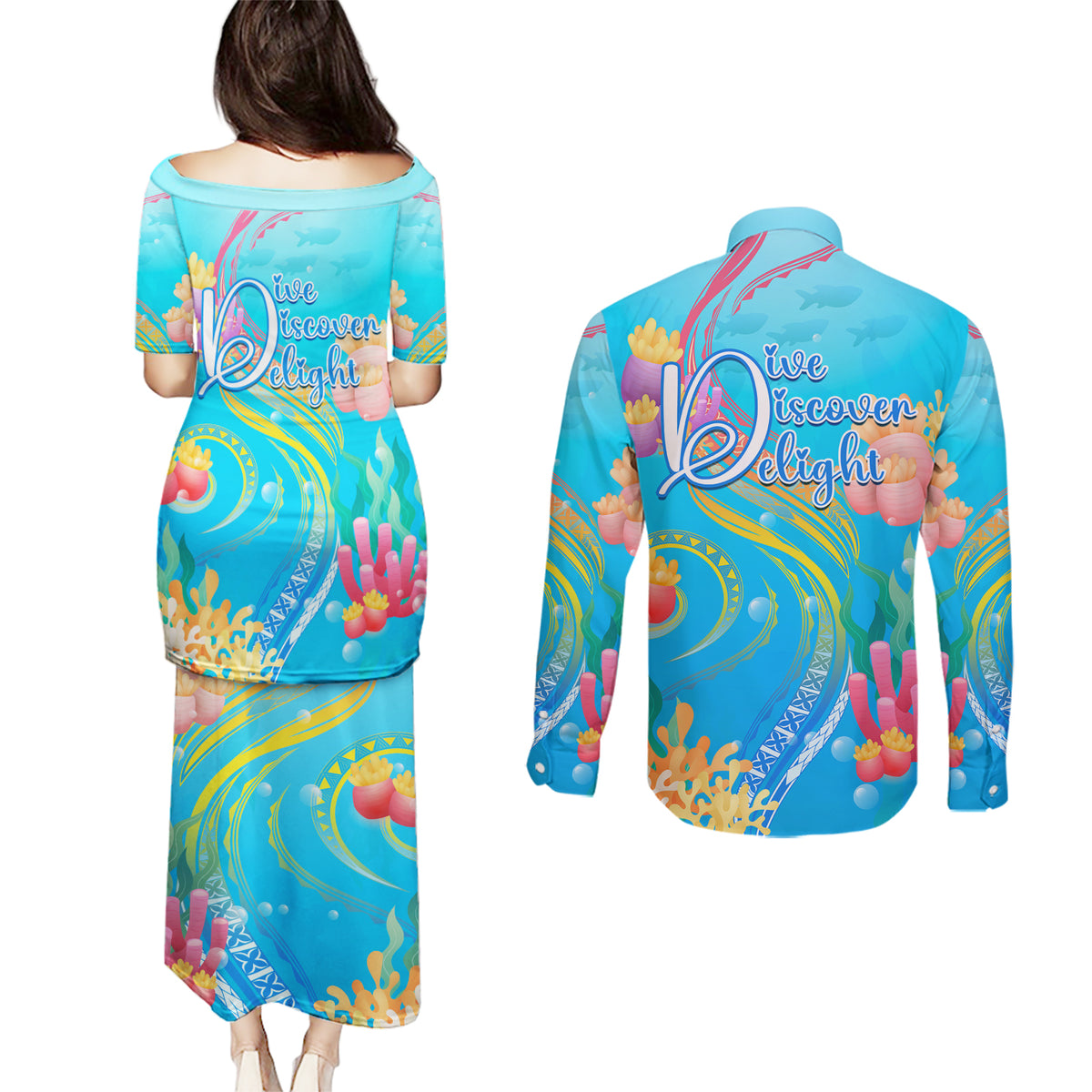 Under The Sea Scuba Diving Couples Matching Puletasi Dress and Long Sleeve Button Shirt Polynesian Pattern LT05 - Polynesian Pride