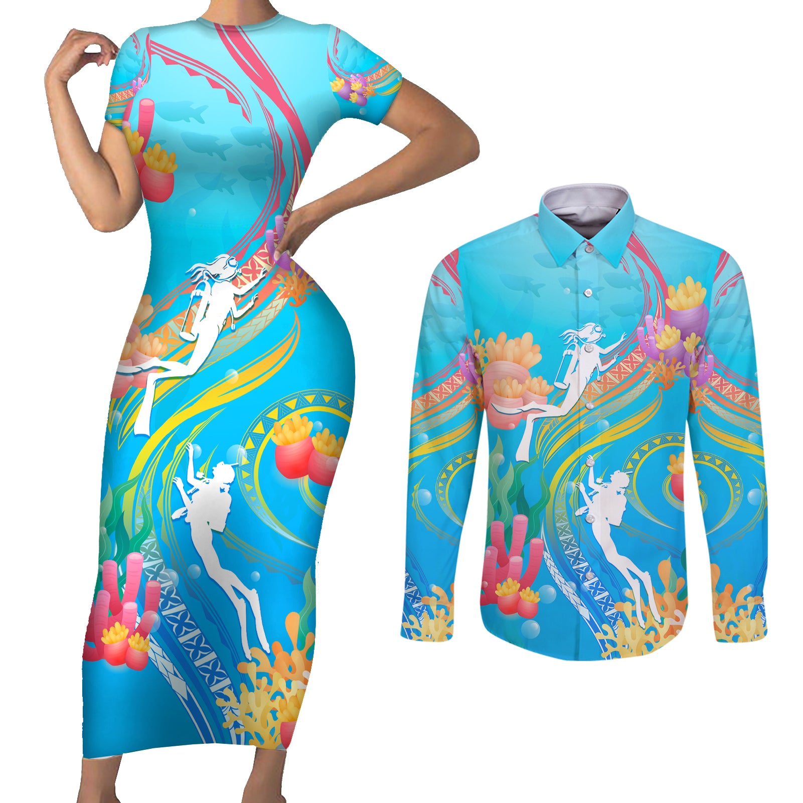 Under The Sea Scuba Diving Couples Matching Short Sleeve Bodycon Dress and Long Sleeve Button Shirt Polynesian Pattern LT05 Blue - Polynesian Pride