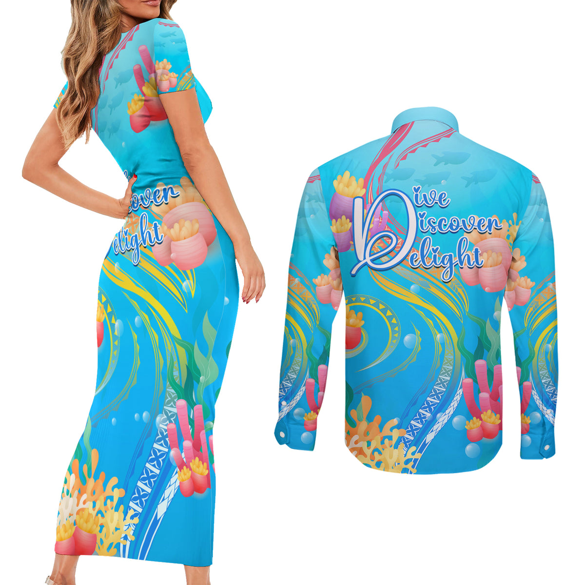 Under The Sea Scuba Diving Couples Matching Short Sleeve Bodycon Dress and Long Sleeve Button Shirt Polynesian Pattern LT05 - Polynesian Pride