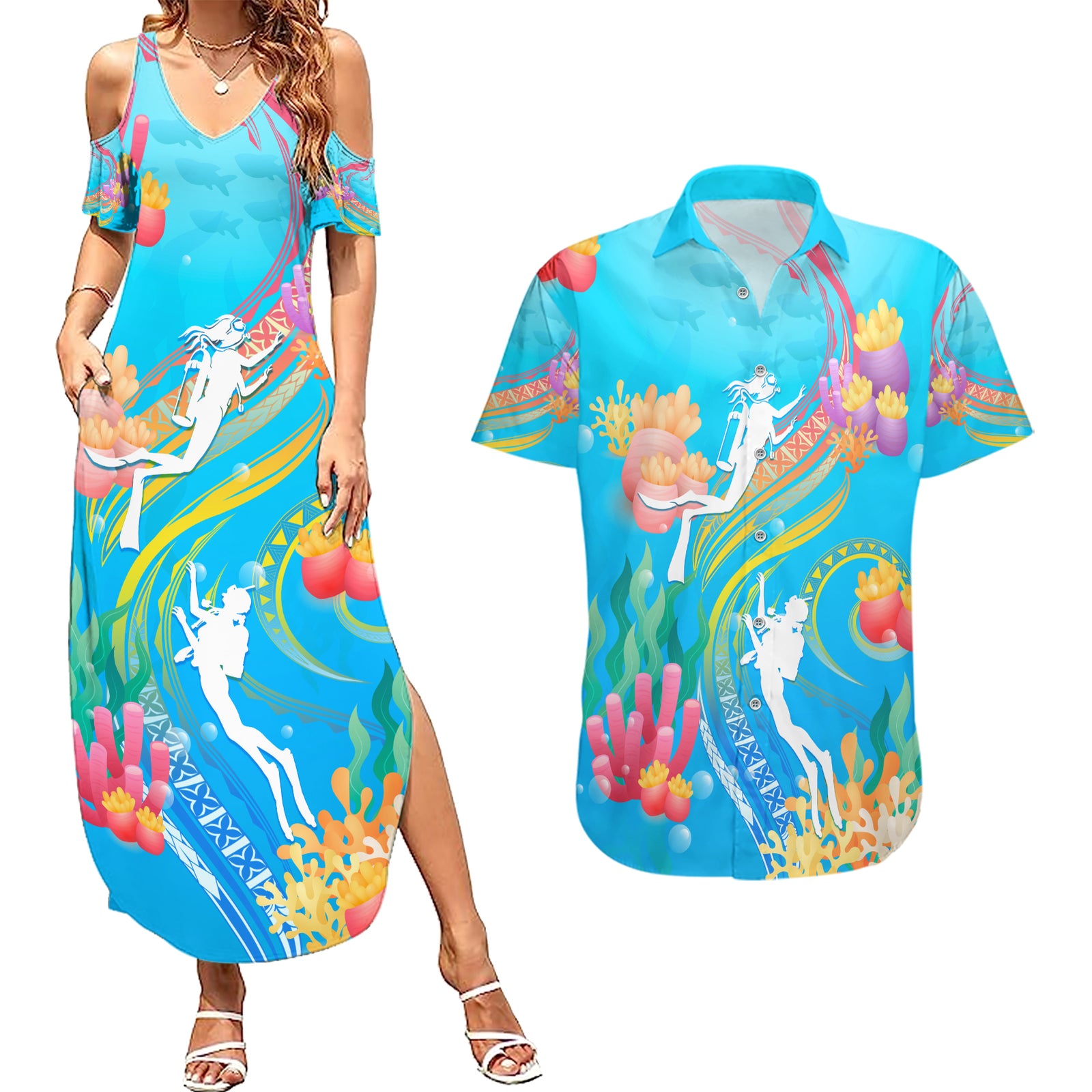 Under The Sea Scuba Diving Couples Matching Summer Maxi Dress and Hawaiian Shirt Polynesian Pattern LT05 Blue - Polynesian Pride