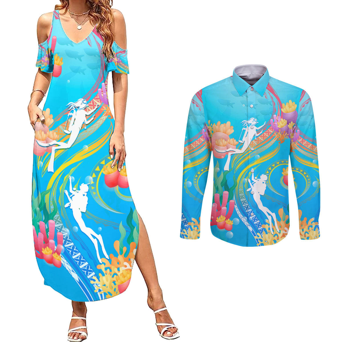 Under The Sea Scuba Diving Couples Matching Summer Maxi Dress and Long Sleeve Button Shirt Polynesian Pattern LT05 Blue - Polynesian Pride
