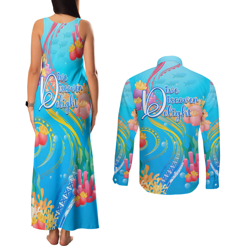 Under The Sea Scuba Diving Couples Matching Tank Maxi Dress and Long Sleeve Button Shirt Polynesian Pattern LT05 - Polynesian Pride