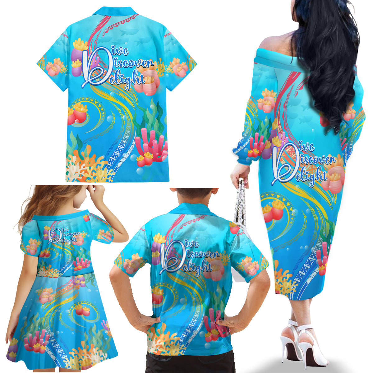 Under The Sea Scuba Diving Family Matching Off Shoulder Long Sleeve Dress and Hawaiian Shirt Polynesian Pattern LT05 - Polynesian Pride