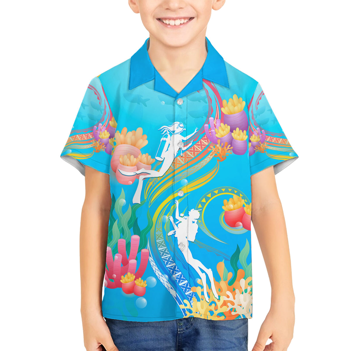 Under The Sea Scuba Diving Family Matching Off Shoulder Maxi Dress and Hawaiian Shirt Polynesian Pattern LT05 Son's Shirt Blue - Polynesian Pride