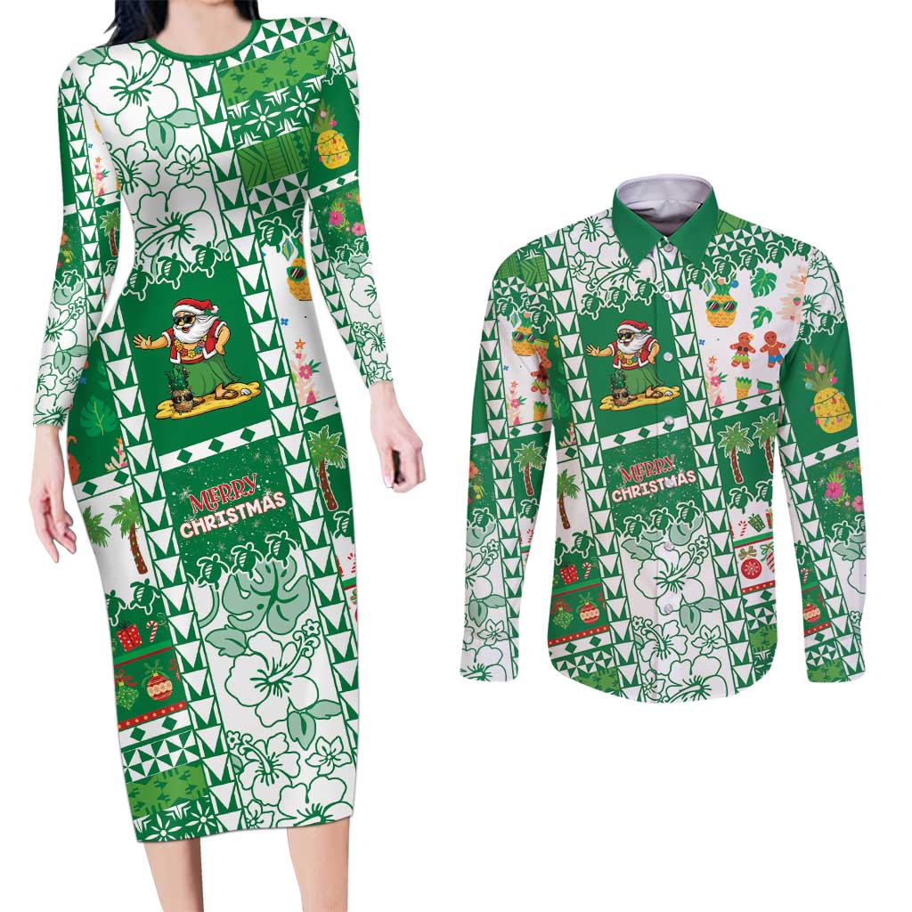 Norfolk Island Christmas Couples Matching Long Sleeve Bodycon Dress and Long Sleeve Button Shirt Festive Beach Vibes LT05 Green - Polynesian Pride