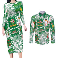 Norfolk Island Christmas Couples Matching Long Sleeve Bodycon Dress and Long Sleeve Button Shirt Festive Beach Vibes LT05 Green - Polynesian Pride