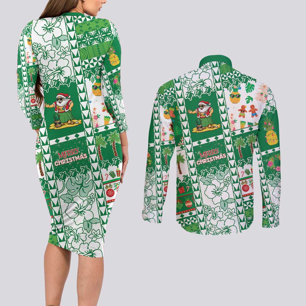 Norfolk Island Christmas Couples Matching Long Sleeve Bodycon Dress and Long Sleeve Button Shirt Festive Beach Vibes LT05 - Polynesian Pride