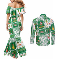 Norfolk Island Christmas Couples Matching Mermaid Dress and Long Sleeve Button Shirt Festive Beach Vibes LT05 - Polynesian Pride