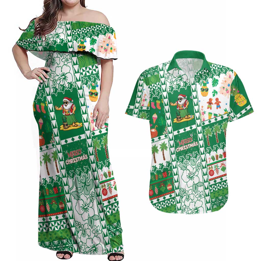 Norfolk Island Christmas Couples Matching Off Shoulder Maxi Dress and Hawaiian Shirt Festive Beach Vibes LT05 Green - Polynesian Pride