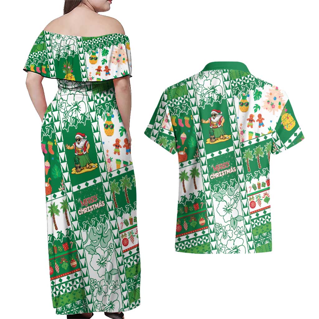 Norfolk Island Christmas Couples Matching Off Shoulder Maxi Dress and Hawaiian Shirt Festive Beach Vibes LT05 - Polynesian Pride