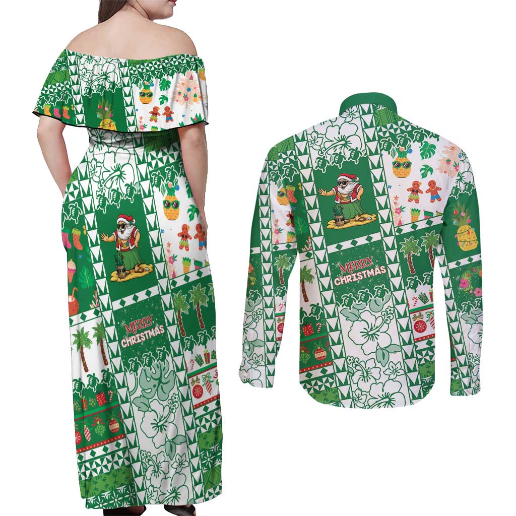 Norfolk Island Christmas Couples Matching Off Shoulder Maxi Dress and Long Sleeve Button Shirt Festive Beach Vibes LT05 - Polynesian Pride