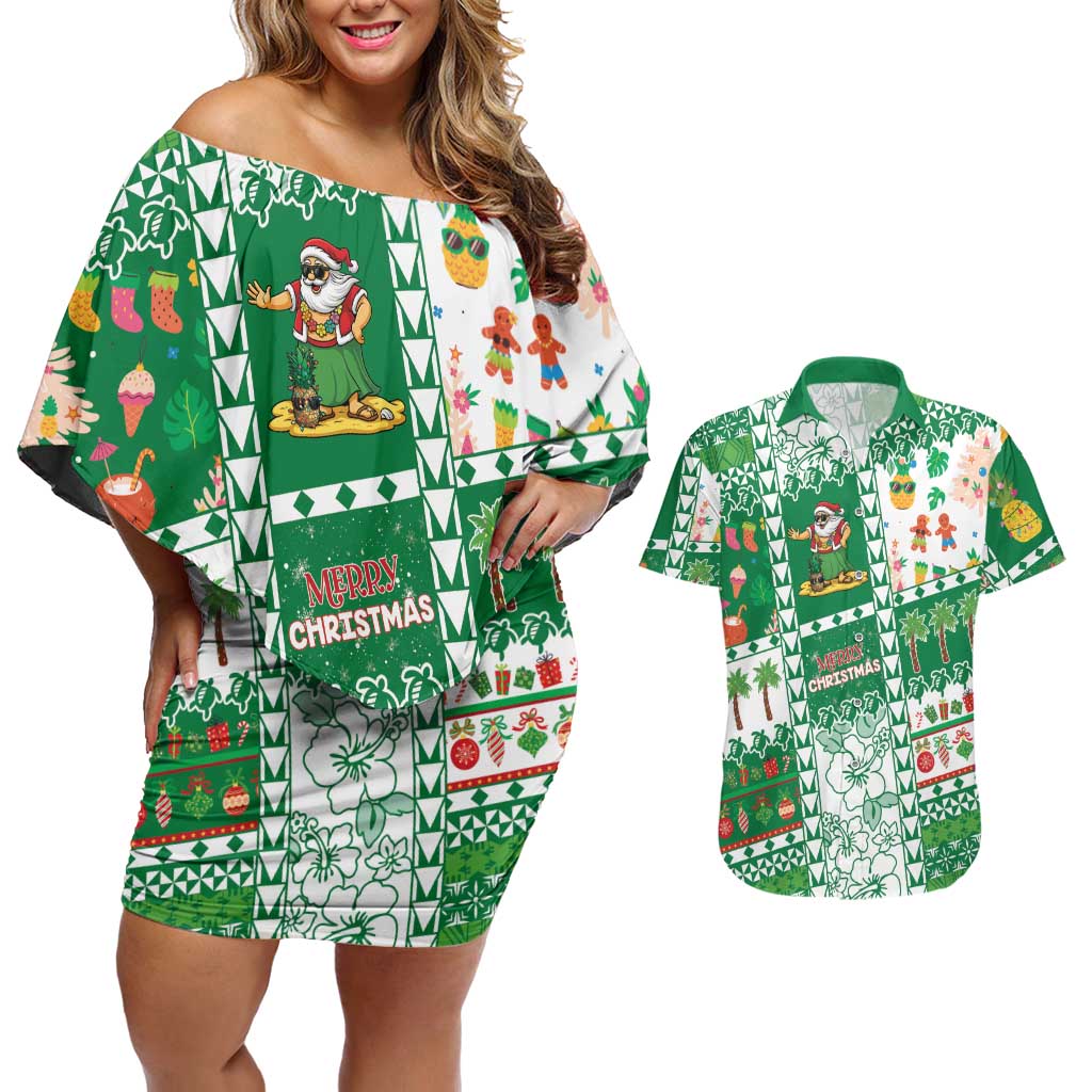 Norfolk Island Christmas Couples Matching Off Shoulder Short Dress and Hawaiian Shirt Festive Beach Vibes LT05 Green - Polynesian Pride
