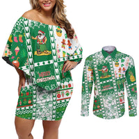 Norfolk Island Christmas Couples Matching Off Shoulder Short Dress and Long Sleeve Button Shirt Festive Beach Vibes LT05 Green - Polynesian Pride