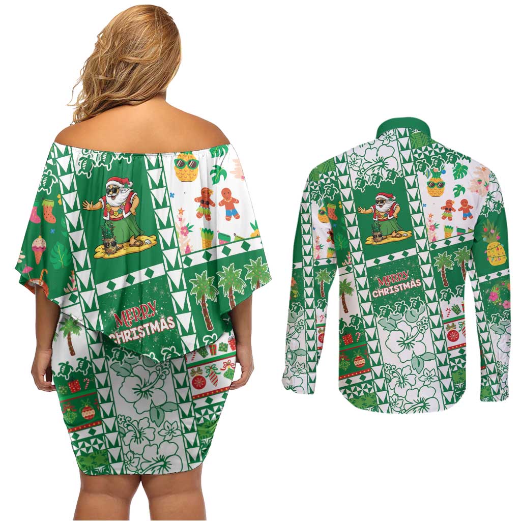 Norfolk Island Christmas Couples Matching Off Shoulder Short Dress and Long Sleeve Button Shirt Festive Beach Vibes LT05 - Polynesian Pride