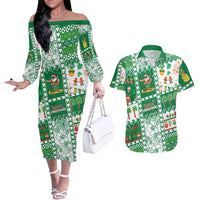 Norfolk Island Christmas Couples Matching Off The Shoulder Long Sleeve Dress and Hawaiian Shirt Festive Beach Vibes LT05 Green - Polynesian Pride