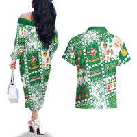 Norfolk Island Christmas Couples Matching Off The Shoulder Long Sleeve Dress and Hawaiian Shirt Festive Beach Vibes LT05 - Polynesian Pride