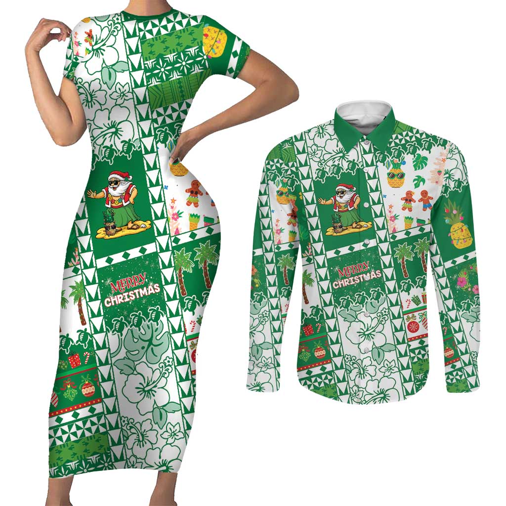 Norfolk Island Christmas Couples Matching Short Sleeve Bodycon Dress and Long Sleeve Button Shirt Festive Beach Vibes - Polynesian Pride