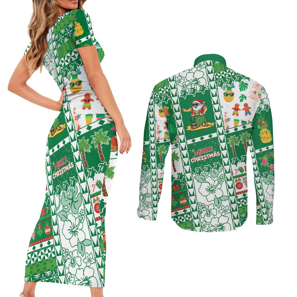 Norfolk Island Christmas Couples Matching Short Sleeve Bodycon Dress and Long Sleeve Button Shirt Festive Beach Vibes LT05 - Polynesian Pride