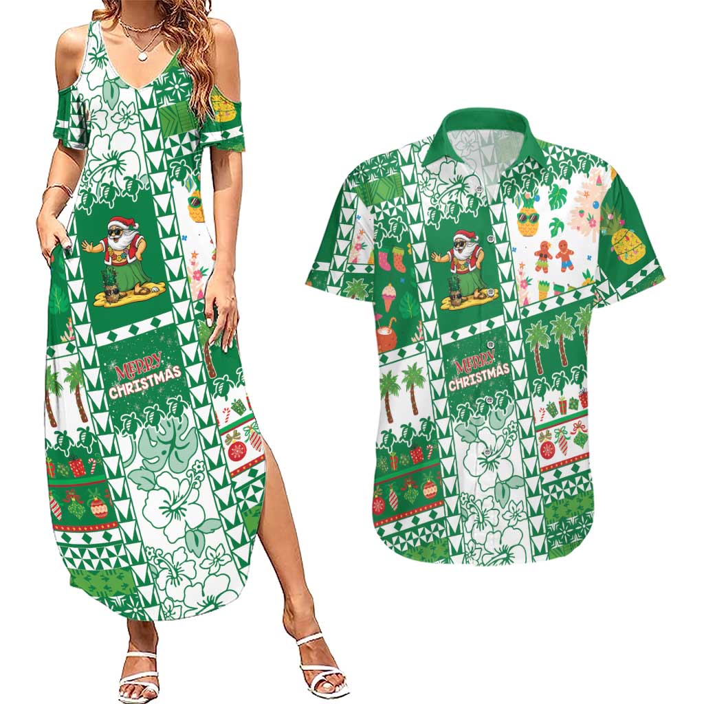 Norfolk Island Christmas Couples Matching Summer Maxi Dress and Hawaiian Shirt Festive Beach Vibes LT05 Green - Polynesian Pride