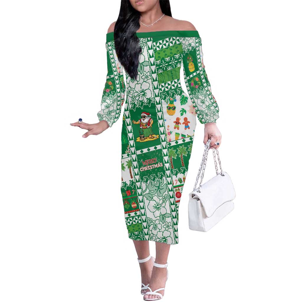 Norfolk Island Christmas Family Matching Off The Shoulder Long Sleeve Dress and Hawaiian Shirt Festive Beach Vibes LT05 Mom's Dress Green - Polynesian Pride