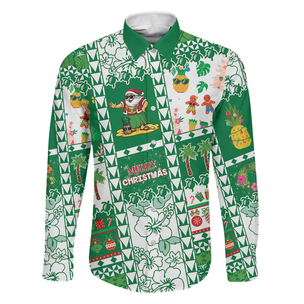 Norfolk Island Christmas Family Matching Off Shoulder Short Dress and Hawaiian Shirt Festive Beach Vibes LT05 Dad's Shirt - Long Sleeve Green - Polynesian Pride