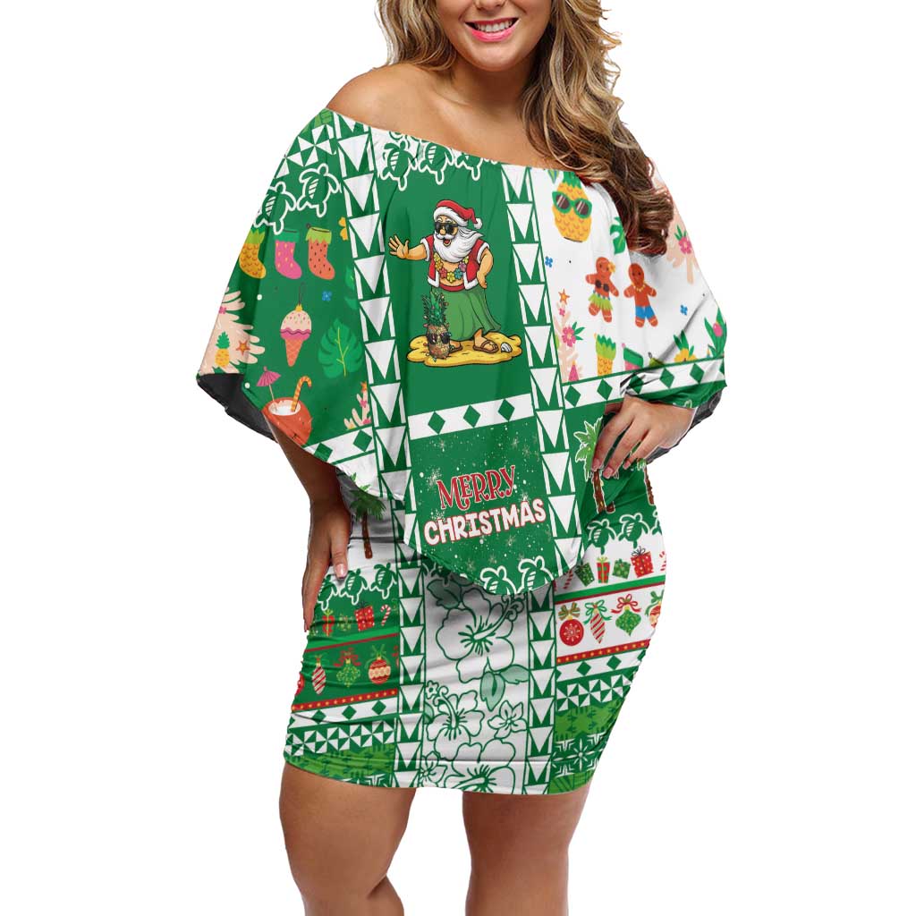 Norfolk Island Christmas Family Matching Off Shoulder Short Dress and Hawaiian Shirt Festive Beach Vibes LT05 Mom's Dress Green - Polynesian Pride