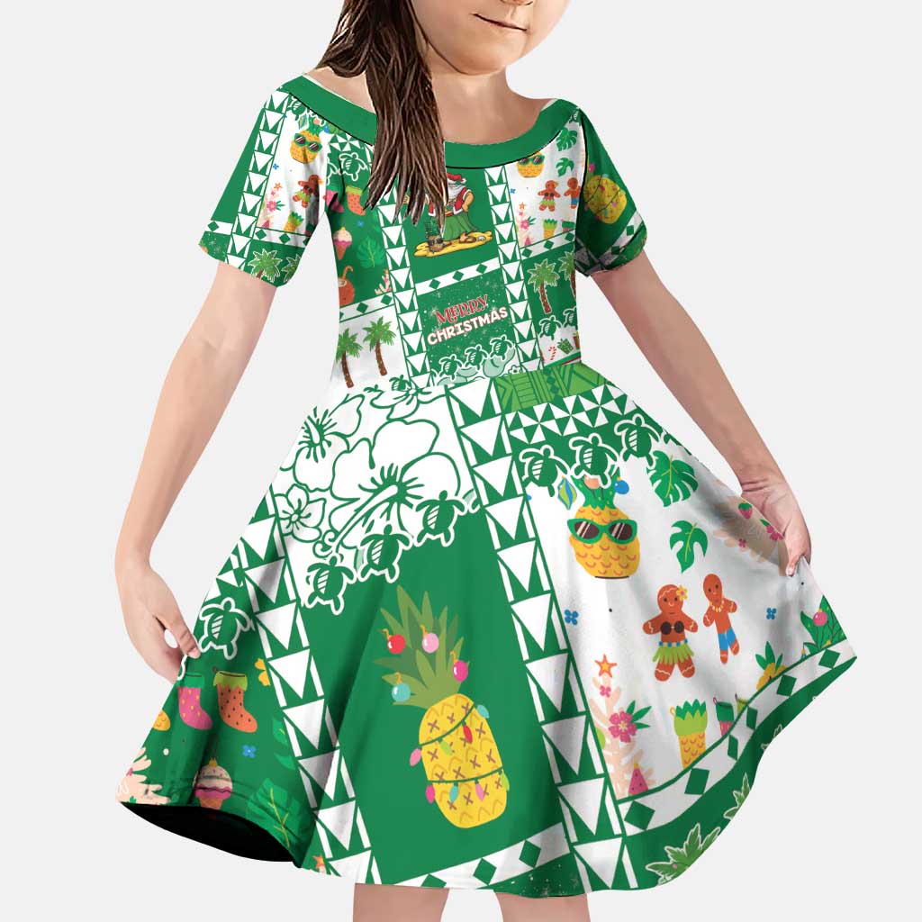 Norfolk Island Christmas Family Matching Short Sleeve Bodycon Dress and Hawaiian Shirt Festive Beach Vibes LT05 Daughter's Dress Green - Polynesian Pride