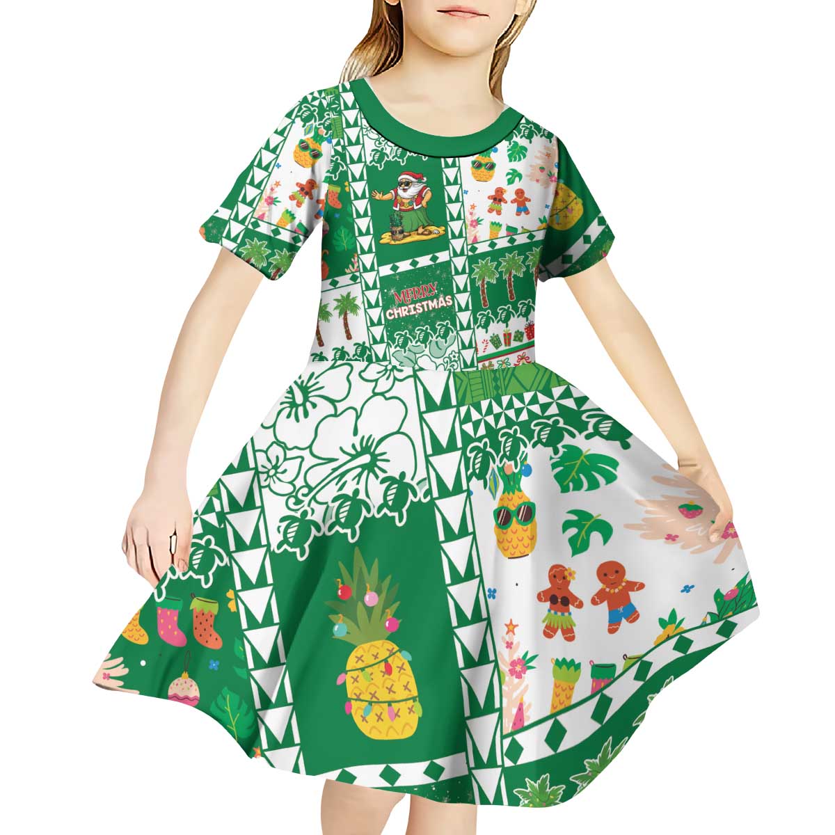 Norfolk Island Christmas Kid Short Sleeve Dress Festive Beach Vibes - Polynesian Pride