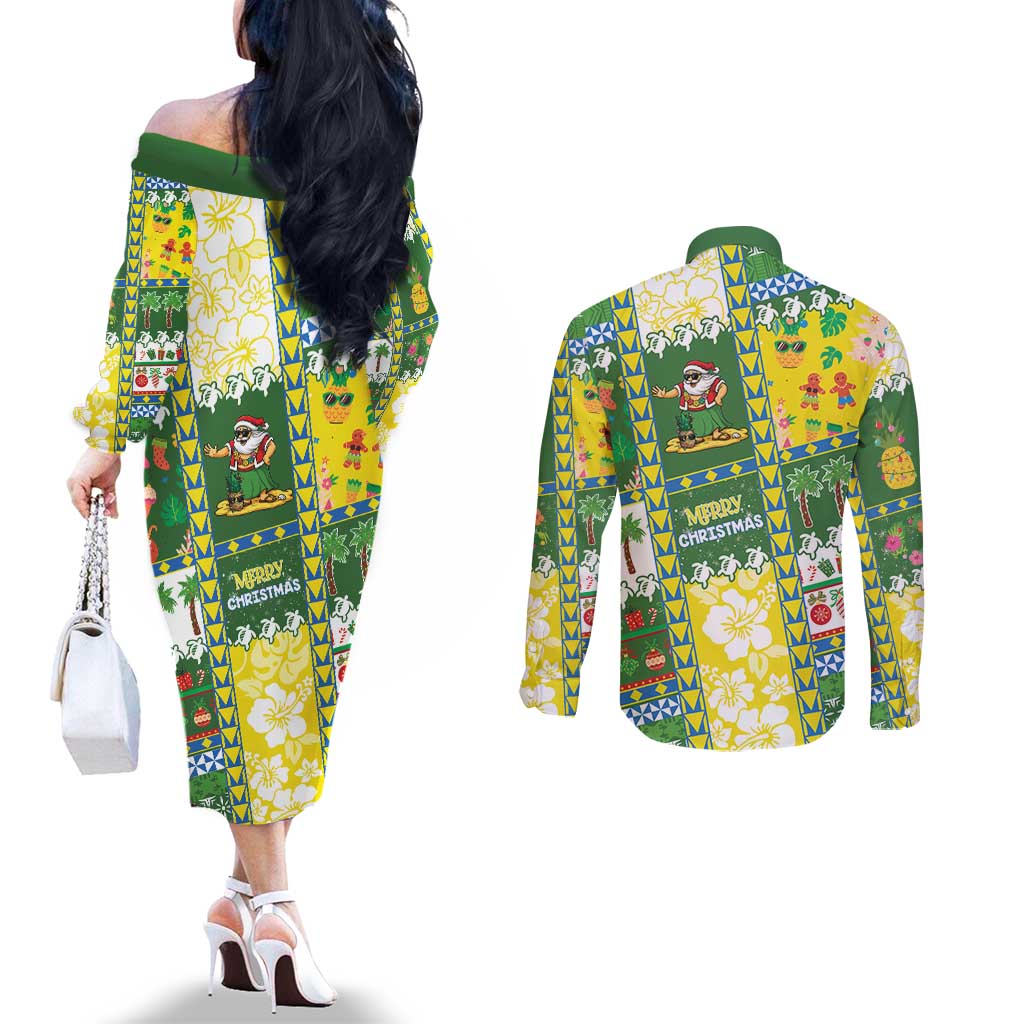 Pitcairn Islands Christmas Couples Matching Off The Shoulder Long Sleeve Dress and Long Sleeve Button Shirt Festive Beach Vibes LT05 - Polynesian Pride