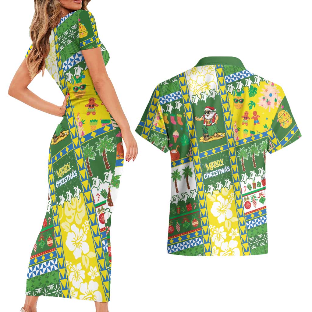Pitcairn Islands Christmas Couples Matching Short Sleeve Bodycon Dress and Hawaiian Shirt Festive Beach Vibes LT05 - Polynesian Pride