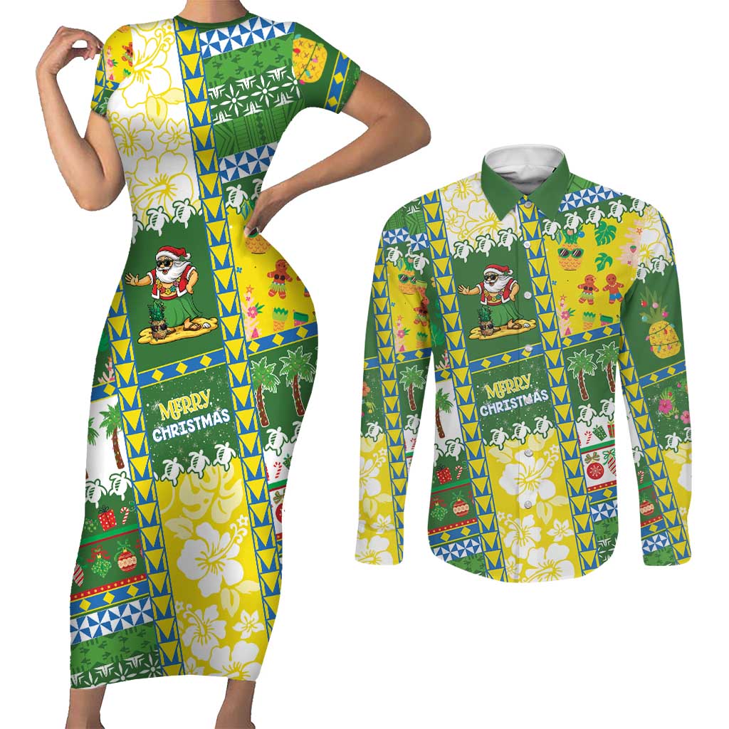 Pitcairn Islands Christmas Couples Matching Short Sleeve Bodycon Dress and Long Sleeve Button Shirt Festive Beach Vibes - Polynesian Pride