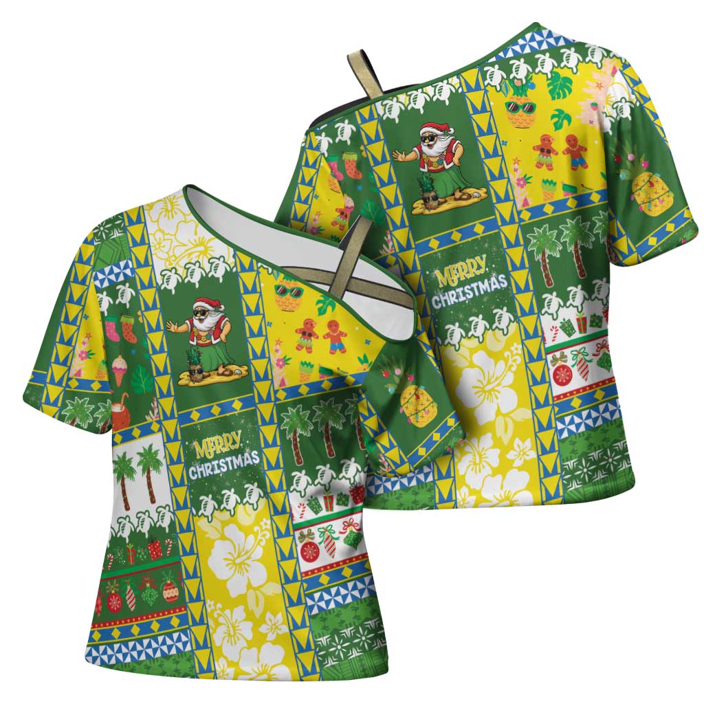 Pitcairn Islands Christmas Cross Shoulder Shirt Festive Beach Vibes - Polynesian Pride