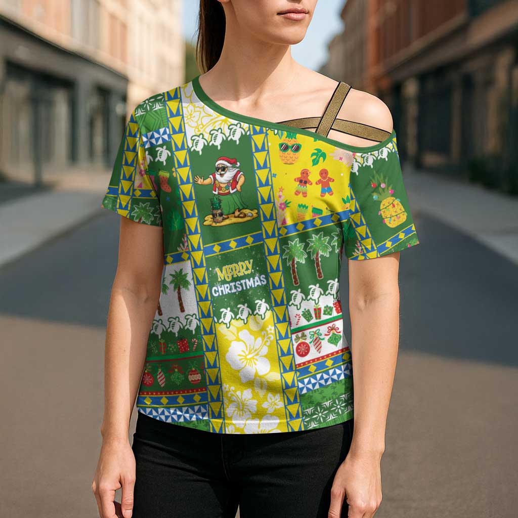 Pitcairn Islands Christmas Cross Shoulder Shirt Festive Beach Vibes - Polynesian Pride