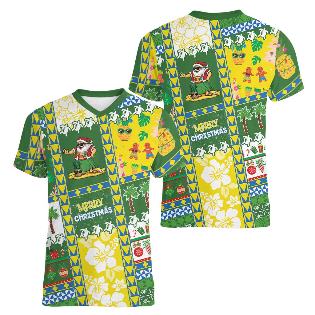 Pitcairn Islands Christmas Women V-Neck T-Shirt Festive Beach Vibes - Polynesian Pride