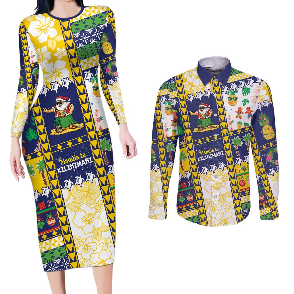 Tokelau Christmas Couples Matching Long Sleeve Bodycon Dress and Long Sleeve Button Shirt Festive Beach Vibes LT05 Colorful - Polynesian Pride
