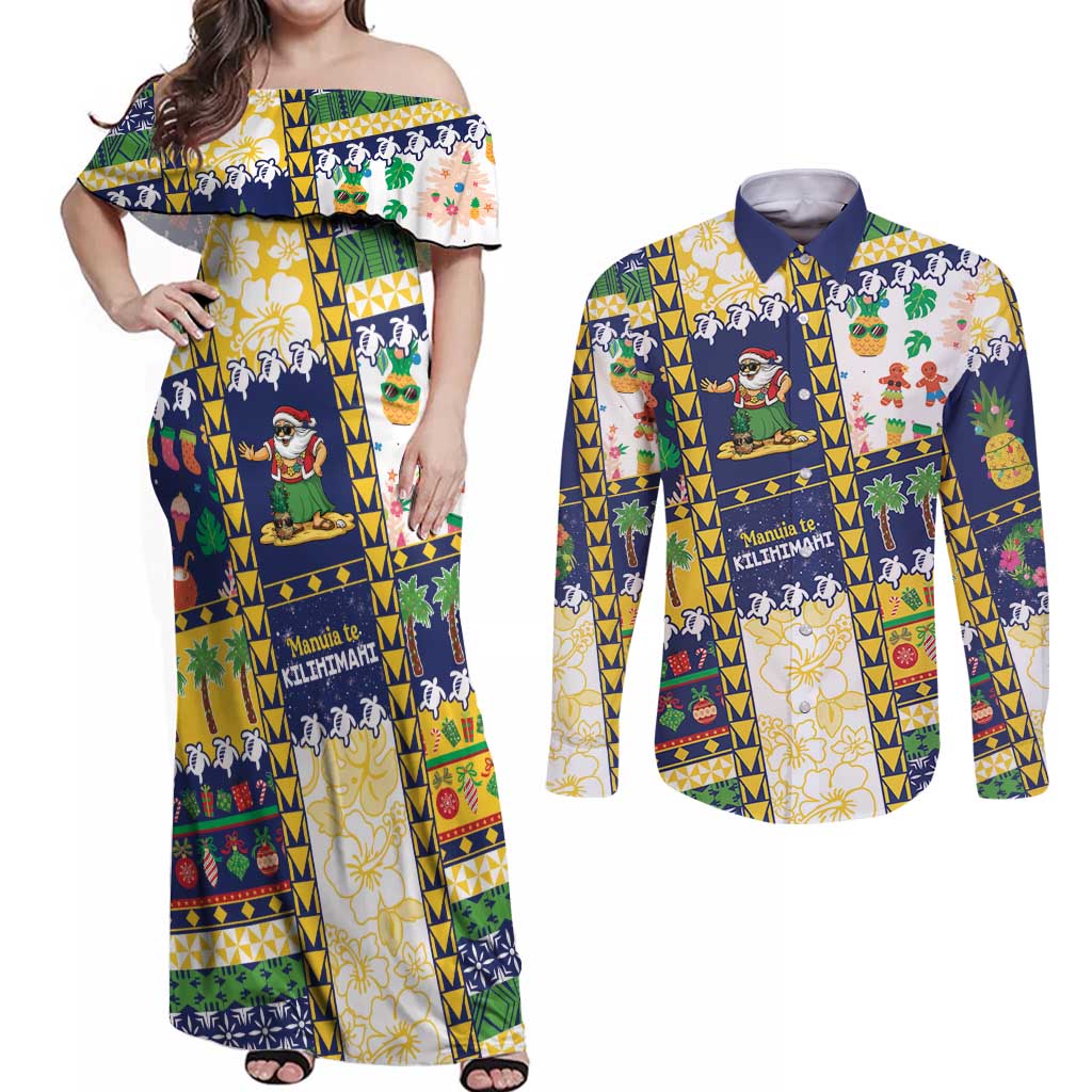 Tokelau Christmas Couples Matching Off Shoulder Maxi Dress and Long Sleeve Button Shirt Festive Beach Vibes - Polynesian Pride