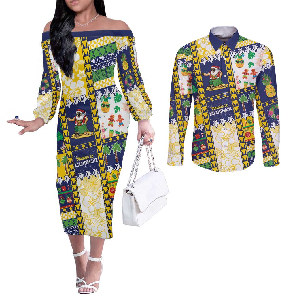 Tokelau Christmas Couples Matching Off The Shoulder Long Sleeve Dress and Long Sleeve Button Shirt Festive Beach Vibes LT05 Colorful - Polynesian Pride