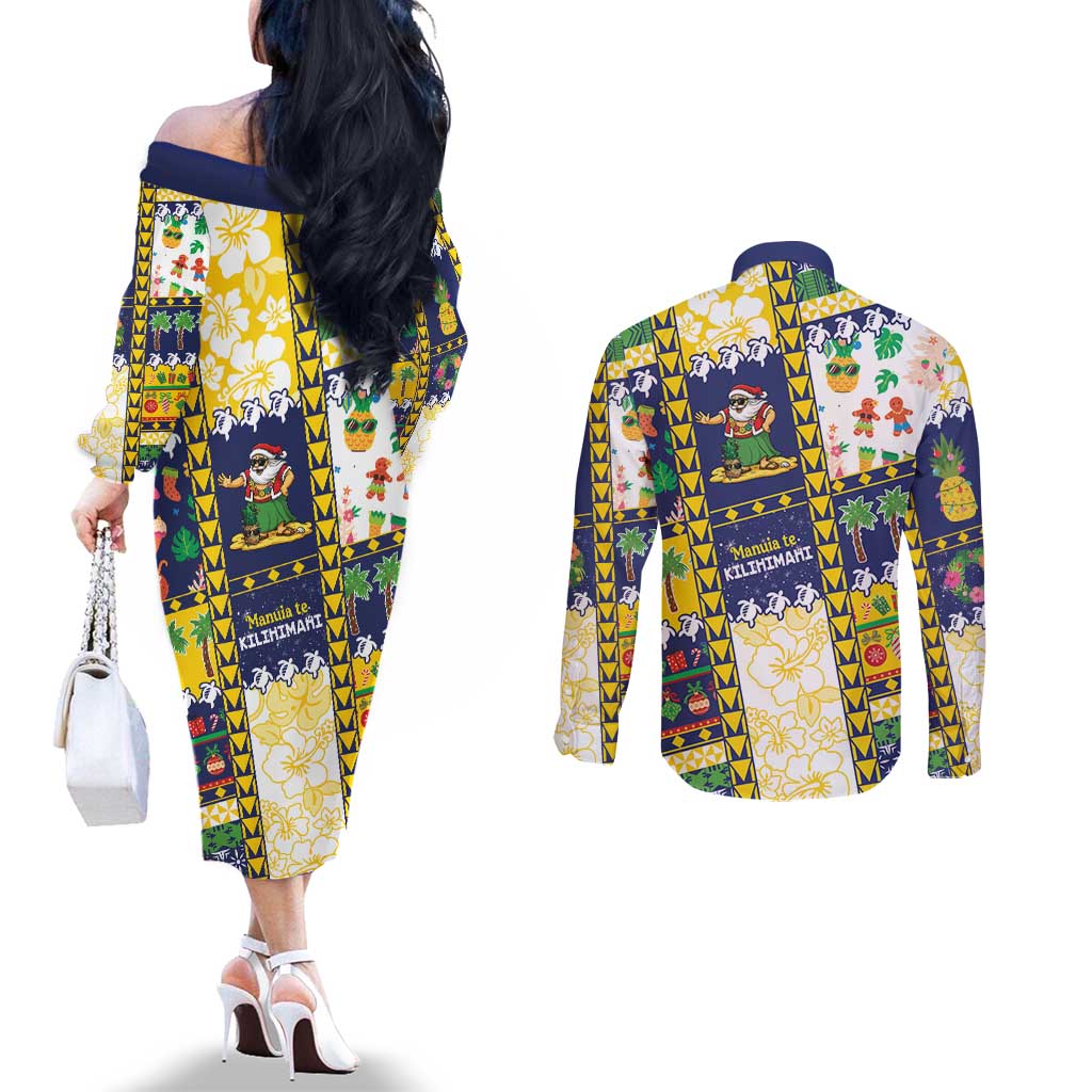 Tokelau Christmas Couples Matching Off The Shoulder Long Sleeve Dress and Long Sleeve Button Shirt Festive Beach Vibes LT05 - Polynesian Pride