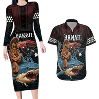 Hawaii Ikaika Couples Matching Long Sleeve Bodycon Dress and Hawaiian Shirt Hawaiian Mythic Koa Tribal Warrior LT05 Black - Polynesian Pride