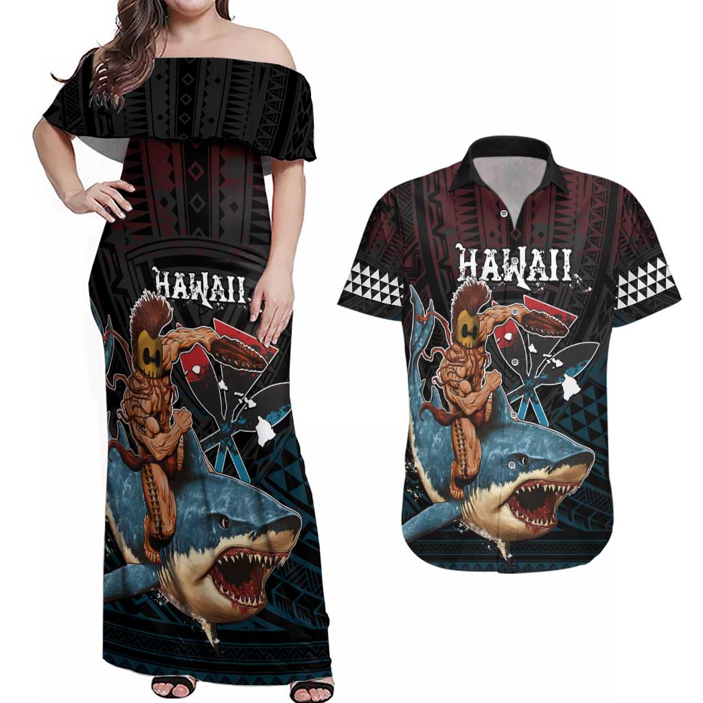 Hawaii Ikaika Couples Matching Off Shoulder Maxi Dress and Hawaiian Shirt Hawaiian Mythic Koa Tribal Warrior LT05 Black - Polynesian Pride