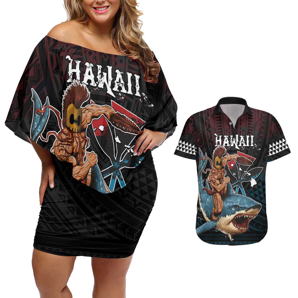 Hawaii Ikaika Couples Matching Off Shoulder Short Dress and Hawaiian Shirt Hawaiian Mythic Koa Tribal Warrior
