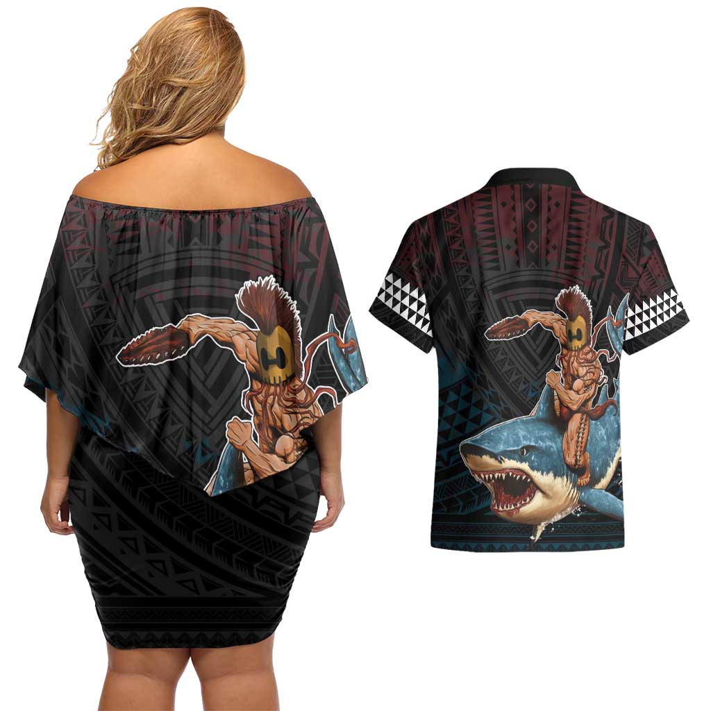 Hawaii Ikaika Couples Matching Off Shoulder Short Dress and Hawaiian Shirt Hawaiian Mythic Koa Tribal Warrior