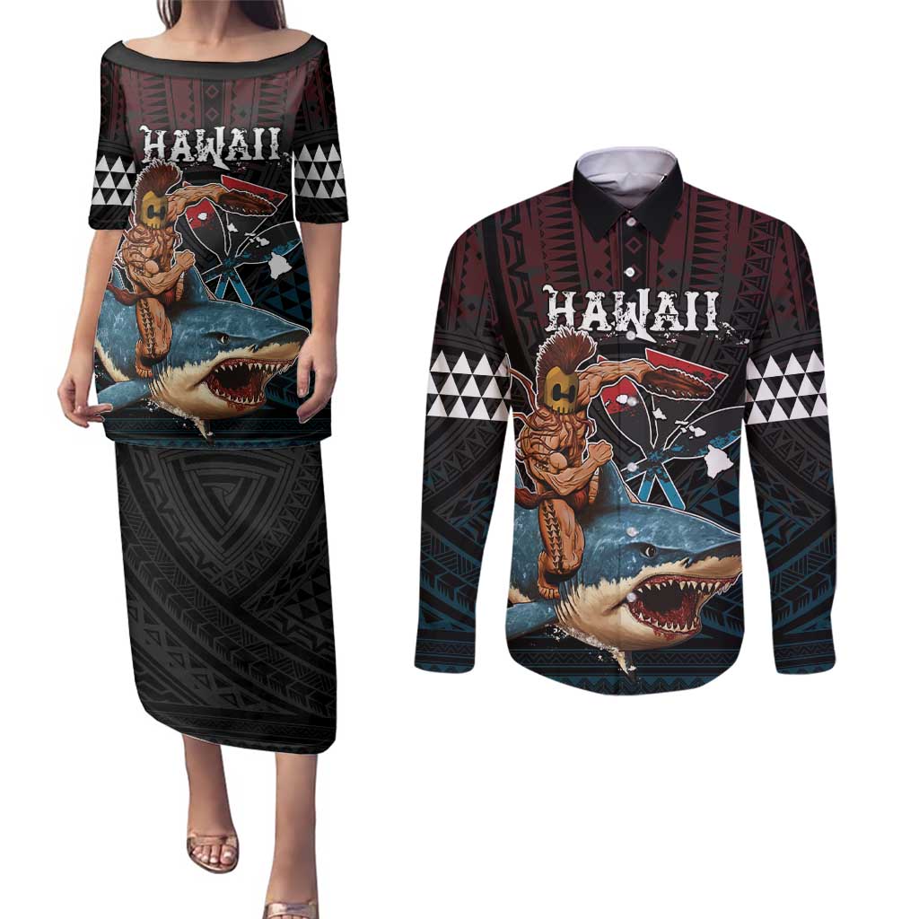 Hawaii Ikaika Couples Matching Puletasi and Long Sleeve Button Shirt Hawaiian Mythic Koa Tribal Warrior LT05 Black - Polynesian Pride