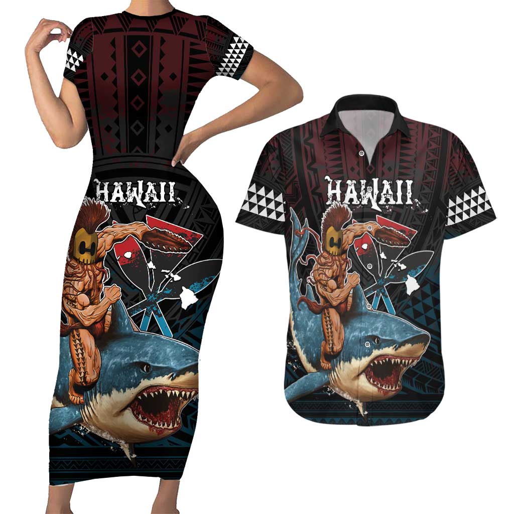 Hawaii Ikaika Couples Matching Short Sleeve Bodycon Dress and Hawaiian Shirt Hawaiian Mythic Koa Tribal Warrior LT05 Black - Polynesian Pride