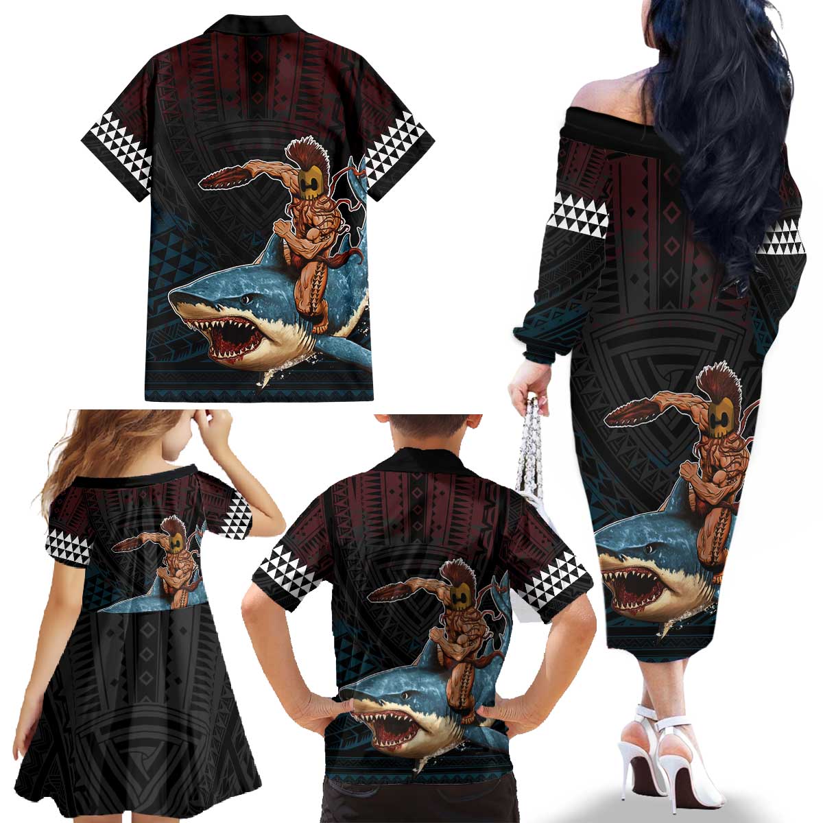 Hawaii Ikaika Family Matching Off The Shoulder Long Sleeve Dress and Hawaiian Shirt Hawaiian Mythic Koa Tribal Warrior LT05 - Polynesian Pride