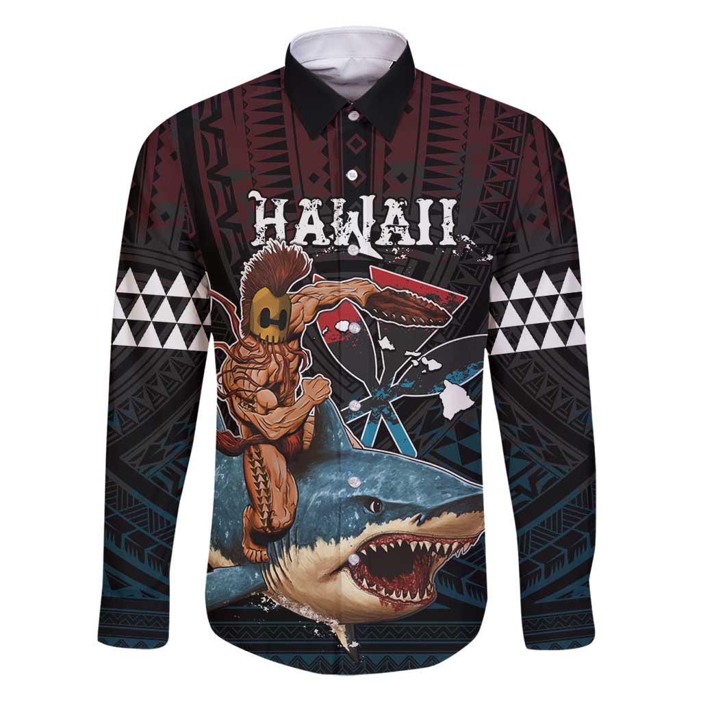 Hawaii Ikaika Family Matching Off Shoulder Maxi Dress and Hawaiian Shirt Hawaiian Mythic Koa Tribal Warrior LT05 Dad's Shirt - Long Sleeve Black - Polynesian Pride