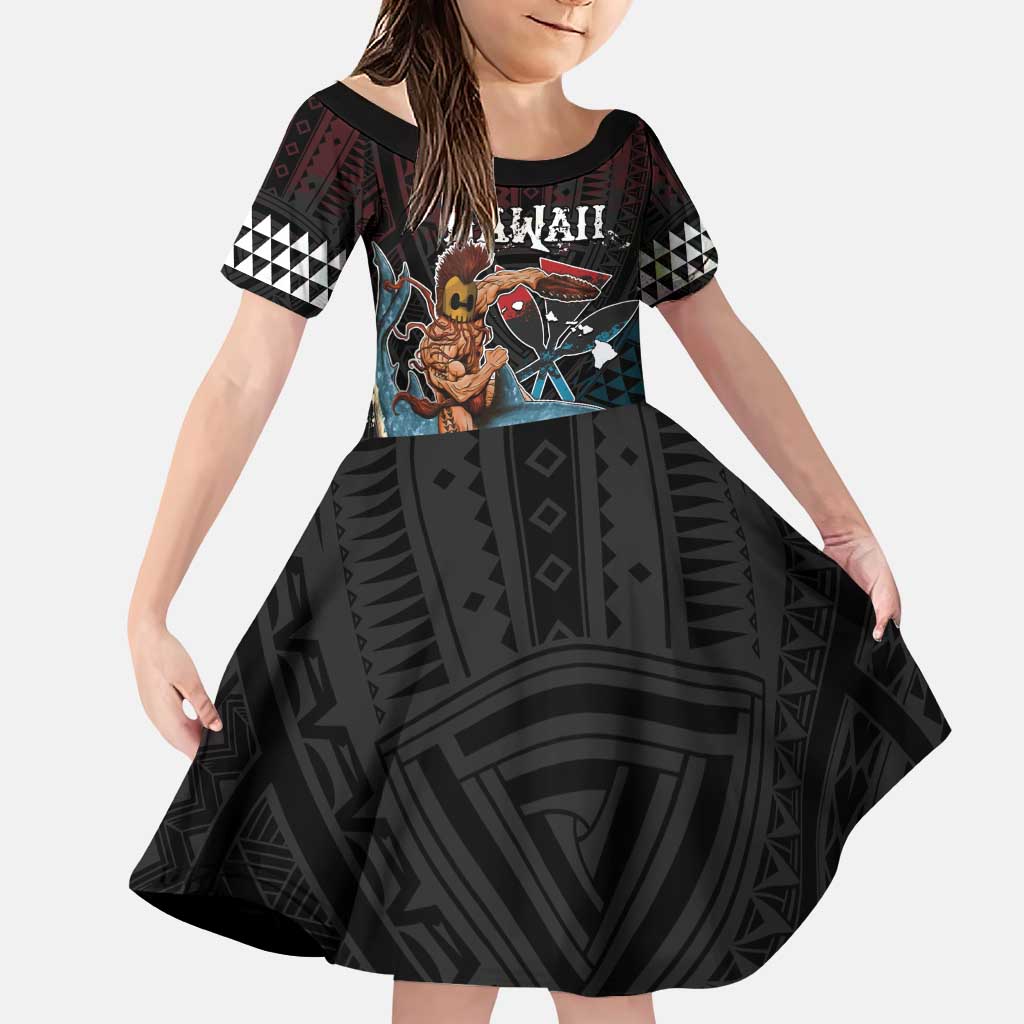 Hawaii Ikaika Family Matching Puletasi and Hawaiian Shirt Hawaiian Mythic Koa Tribal Warrior LT05 Daughter's Dress Black - Polynesian Pride