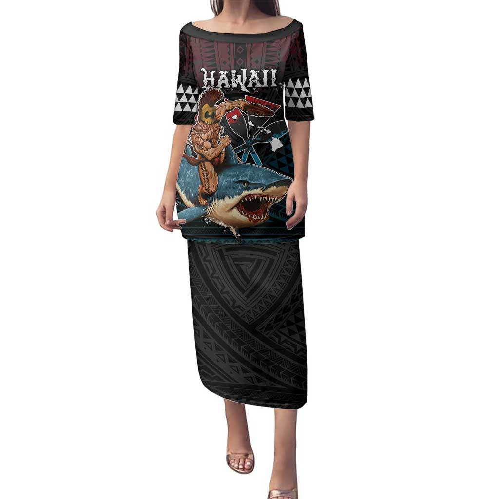 Hawaii Ikaika Family Matching Puletasi and Hawaiian Shirt Hawaiian Mythic Koa Tribal Warrior LT05 Mom's Dress Black - Polynesian Pride