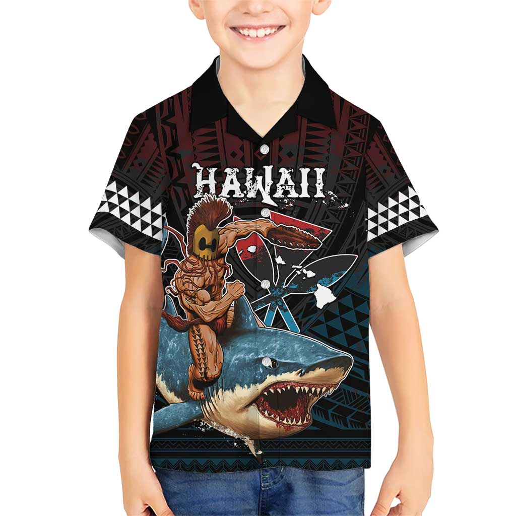 Hawaii Ikaika Kid Hawaiian Shirt Hawaiian Mythic Koa Tribal Warrior LT05 Kid Black - Polynesian Pride