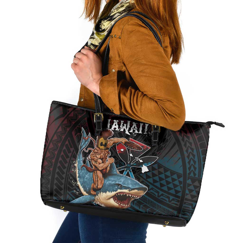 Hawaii Ikaika Leather Tote Bag Hawaiian Mythic Koa Tribal Warrior LT05 Black - Polynesian Pride